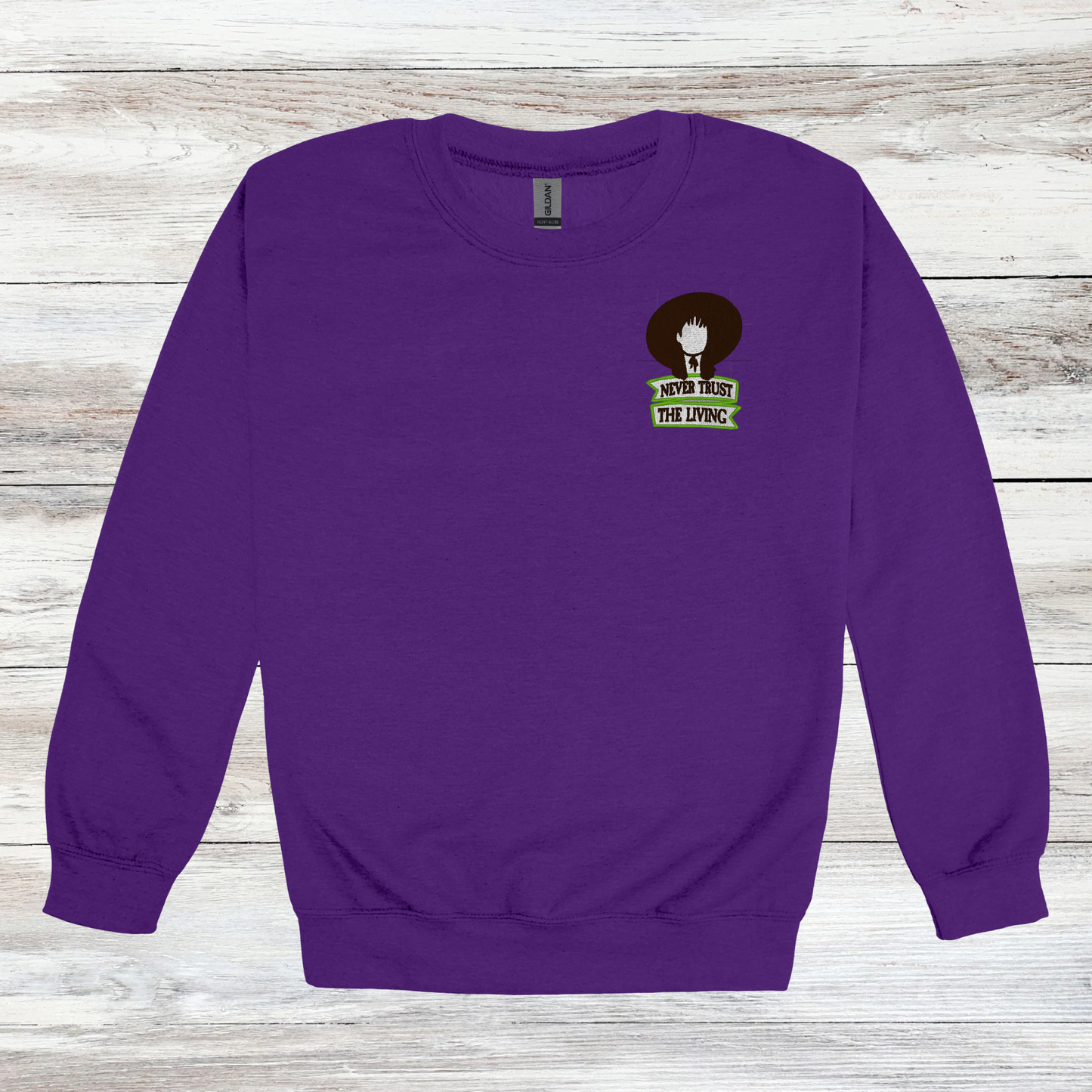 Never Trust the Living | Embroidered Crewneck & Tee