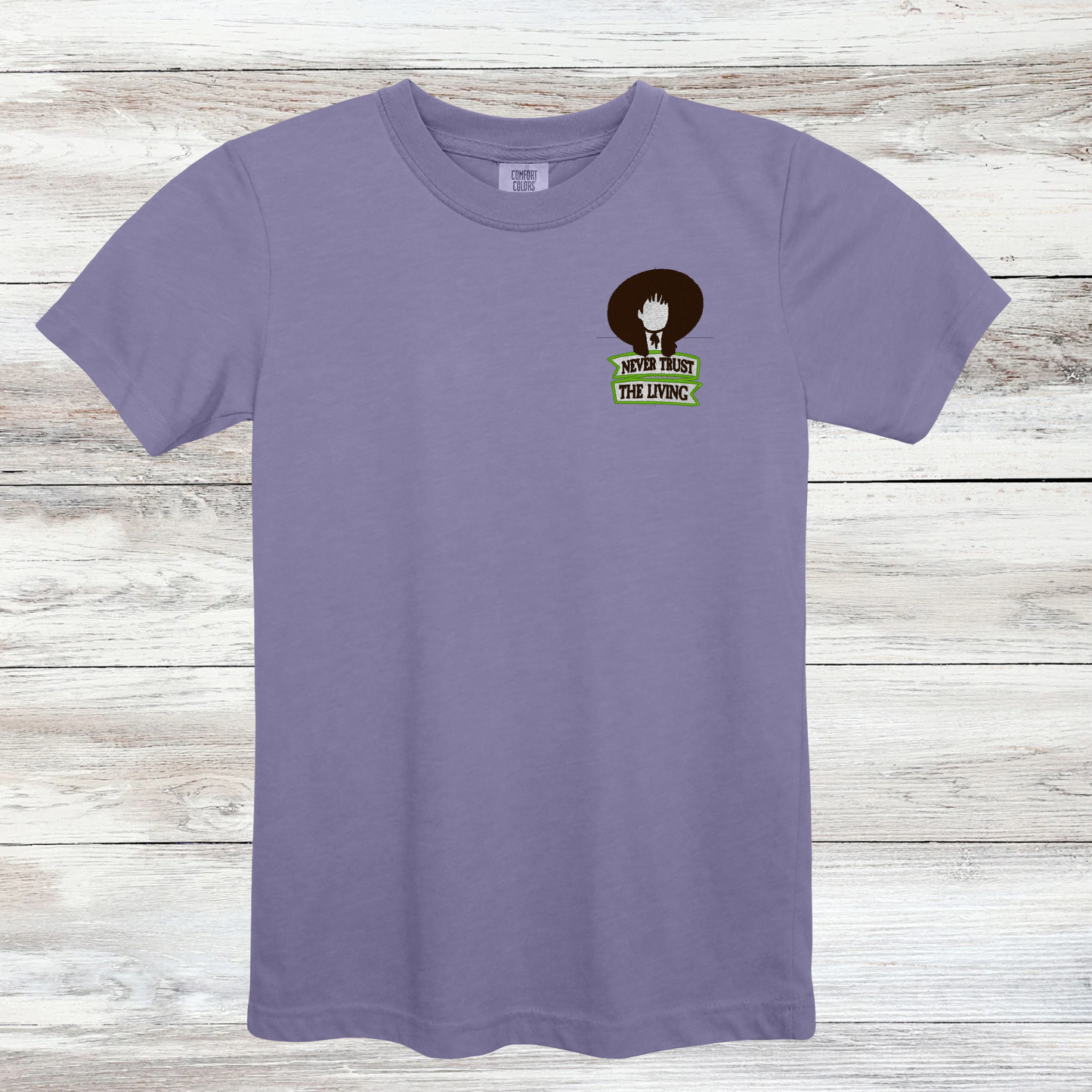 Never Trust the Living | Embroidered Crewneck & Tee